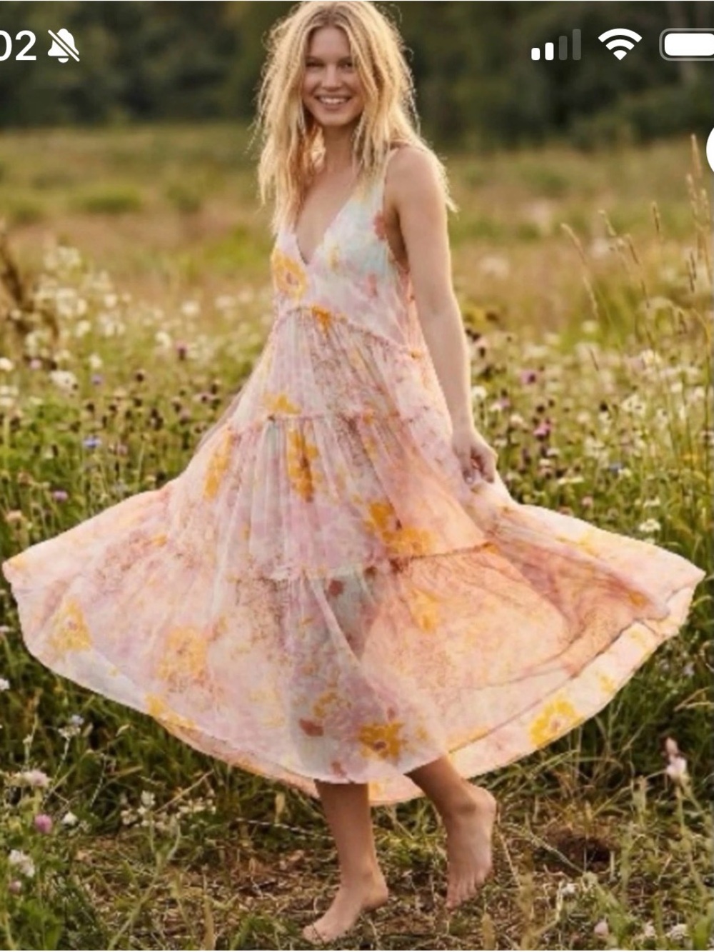Free People Pink & Yellow Floral Tiered V-Neck Maxi Dress